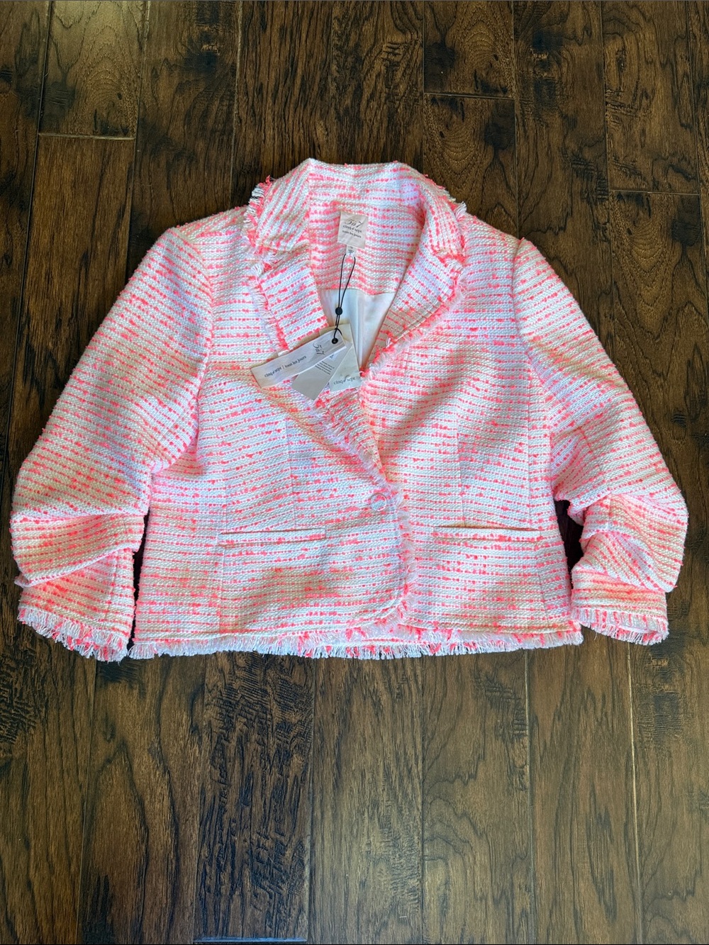 NWT! CINQ A SEPT tweed le petit khloe blazer in ivory/neon coral, size 12 - Picture 3 of 12